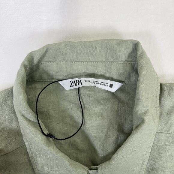 Zara Tunic Top Womens Size Lg Green Linen Blend Belted Tie Back Button Front - Picture 8 of 12